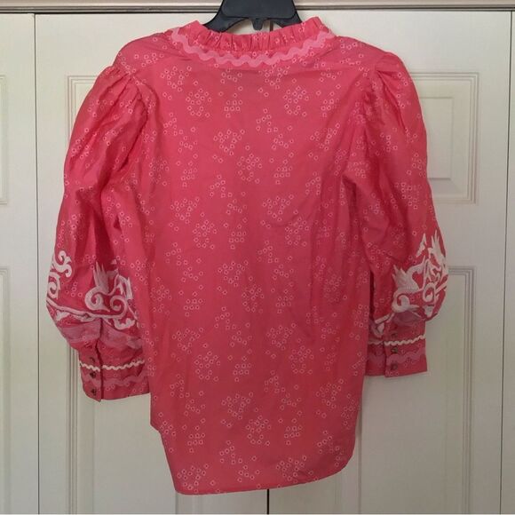 Pink Vaneza Cotton Satin Blouse with White Embroidery by Emily Lovelock - Picture 7 of 9